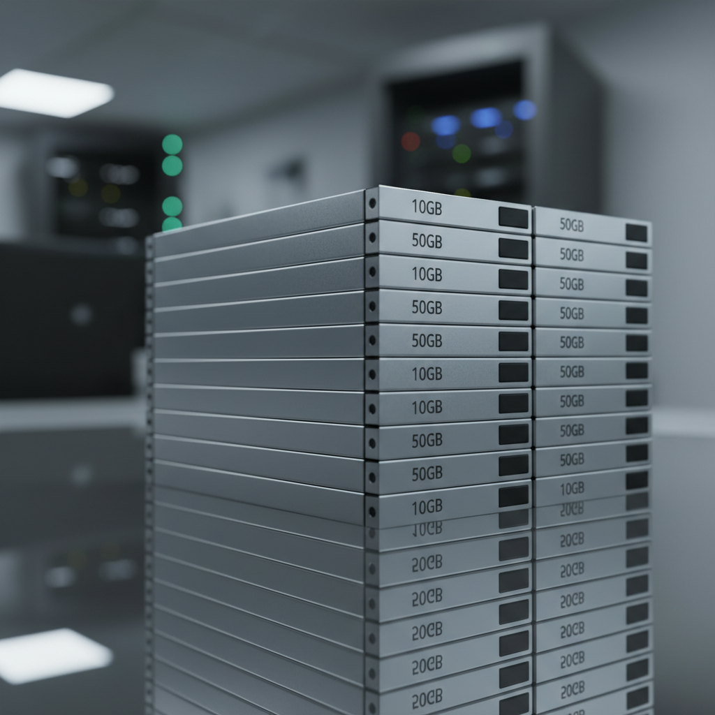 A close-up of a uniformly stacked array of NVMe SSD drives, each drive encased in sleek, satin-aluminum housing with etchings of package sizes like '1GB', '10GB', and '50GB'. The storage devices are arranged neatly on a reflective glass table, their labels catching diffused, cool-toned overhead office lighting. The workspace around them is minimalist, featuring a neutral grey palette with subtle chromatic accents from nearby LED indicators. Shot from a side angle and following the rule of thirds, the composition focuses on the clarity and structure of the drives, with a gentle bokeh blurring the distant background. The atmosphere is orderly and sophisticated, exuding professionalism through photographic clarity and modern aesthetics, perfectly reflecting the site's affordable storage options.