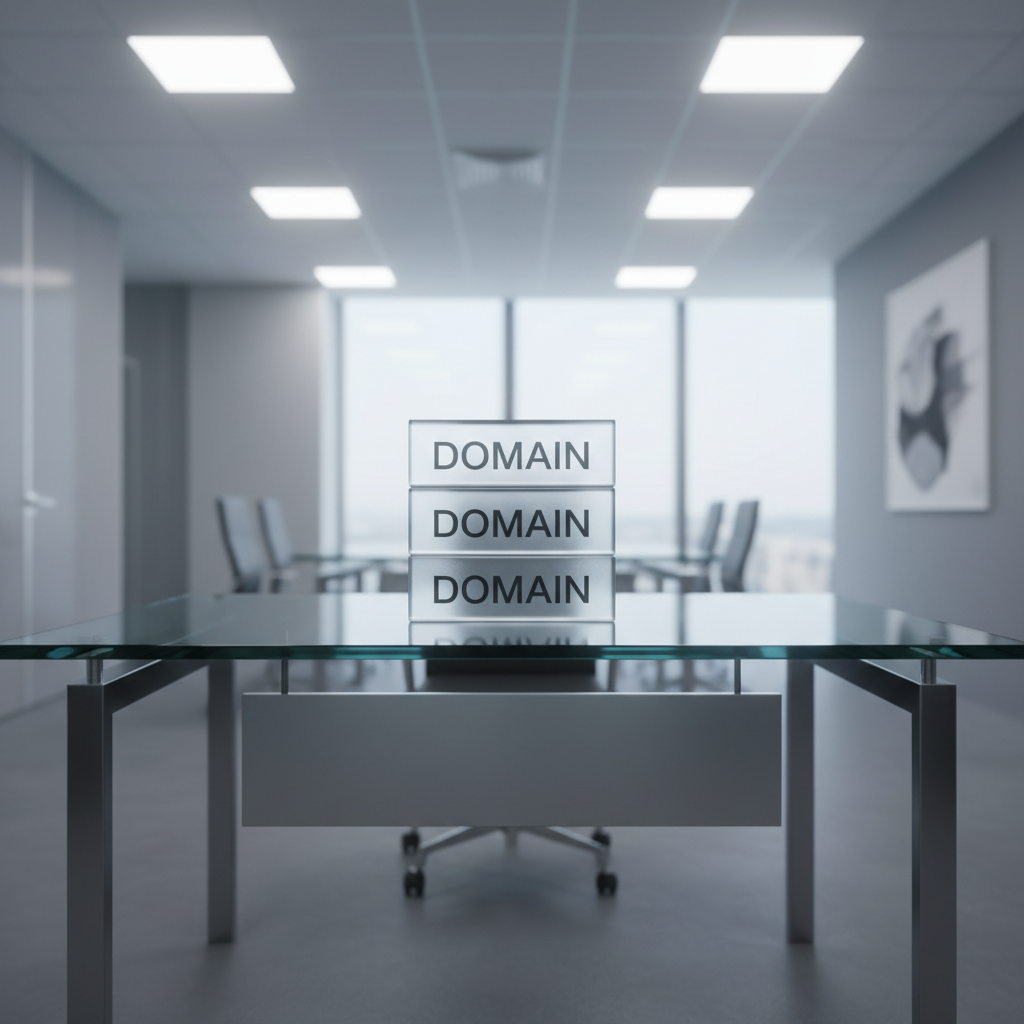 A minimalist graphic representation of multiple clean, translucent domains depicted as stacked, frosted glass rectangles, each with engraved text reading 'Domain'. These align symmetrically across a tempered glass desktop supported by brushed steel legs within a premium corporate environment. Overhead soft, balanced LED panel lighting creates subtle gradients on the glass surfaces without harsh shadows, enhancing the visual hierarchy and suggesting unlimited scalability. The setting is organized and unobtrusive, with neat cable management and a neutral background. The slightly elevated angle and centered composition deliver a structured, modern visual consistent with a business web hosting brand. The overall mood is calm, trustworthy, and efficient, leveraging photographic realism and a clean, corporate style.