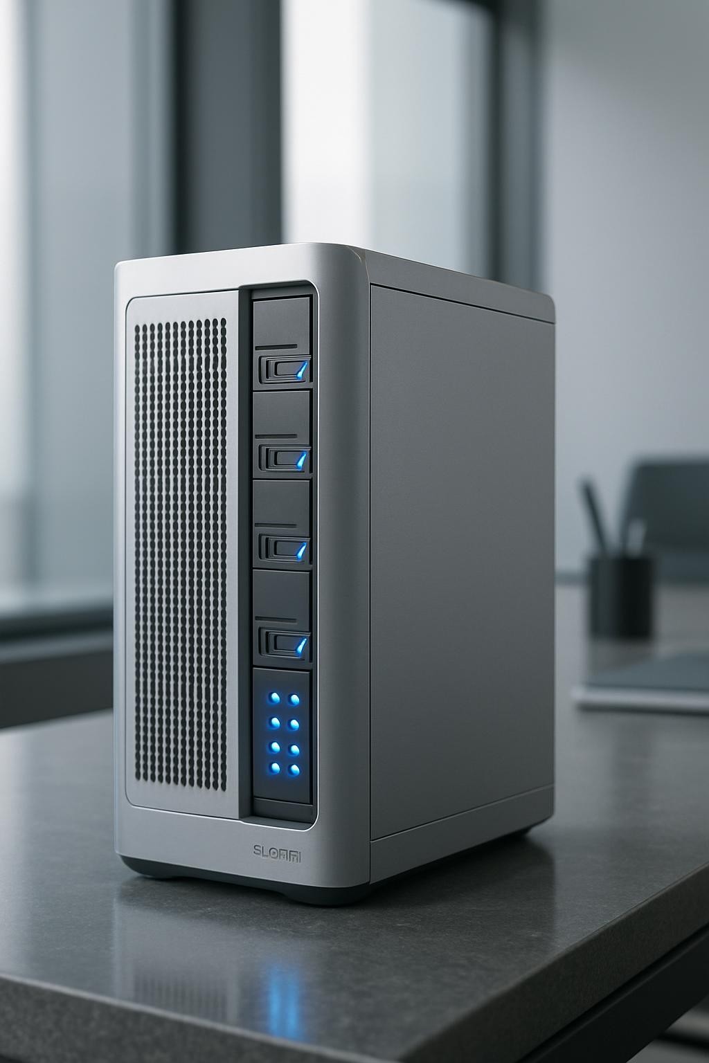 An ultra-modern, matte silver server tower with crisp, vented panels and illuminated blue status lights, resting on a sleek, polished stone desktop in a high-end office space. The server appears robust and technologically advanced, featuring visible NVMe SSD compartments and subtle branding along the base. Ambient light from large frosted glass windows bathes the scene in soft, neutral tones, casting gentle reflections on the smooth surfaces and emphasizing the clean lines of the hardware. The composition is structured with the server slightly off-center, balanced by minimalistic office accessories in the background. Captured at eye level with sharp focus and a moderate depth of field. The mood is professional and reassuring, with a photographic realism that aligns with a corporate web hosting provider's identity.